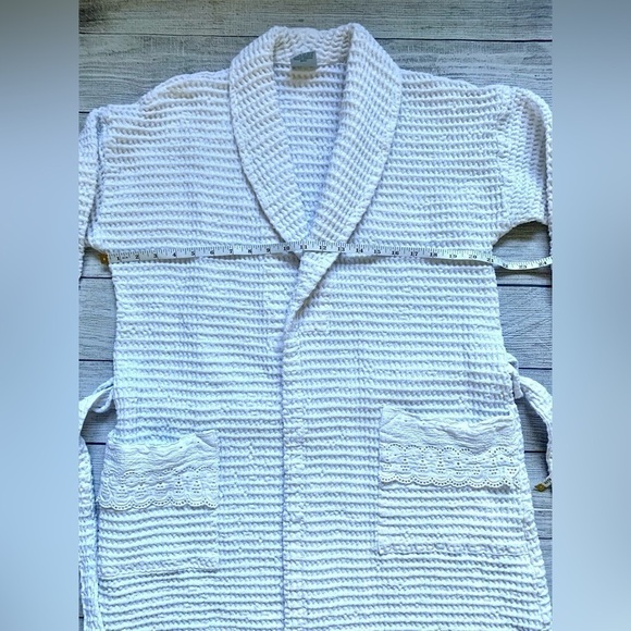 Women’s 100% Cotton White Waffle Knit Robe with Eyelet Accent Trim - Picture 11 of 15